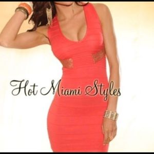 Coral Criss Cross Back Bandage Dress